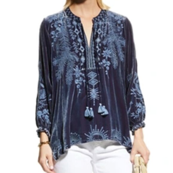 Johnny Was Tops - Johnny Was Dylan Velvet Double-tassel Blouse In Iridescent Blue - RARE - Small